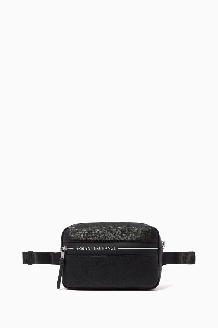 

AE Logo Tape Belt Bag in Faux Leather, Black