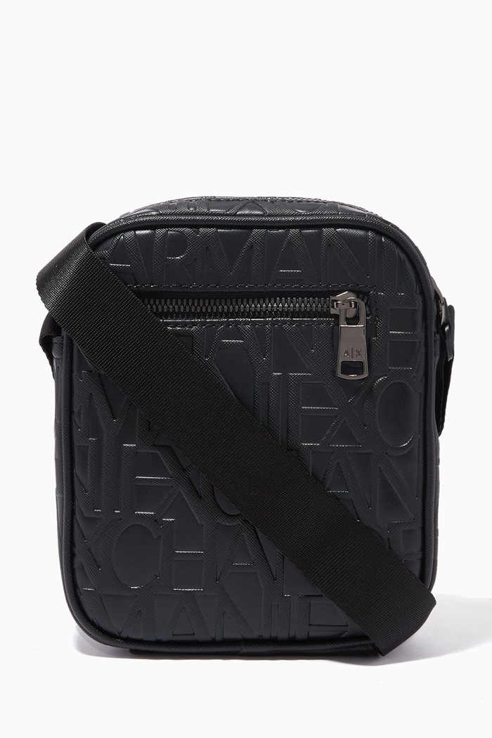 AX Logo Embossed Crossbody Bag in Faux Leather, Black
