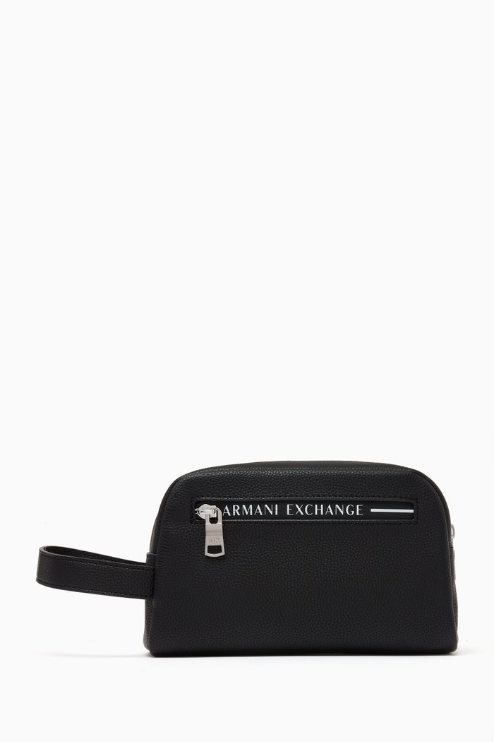 AE Logo Tape Beauty Bag in Faux Leather, Black
