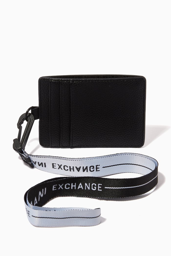 Logo Tape Lanyard Card Holder in Faux Leather, Black