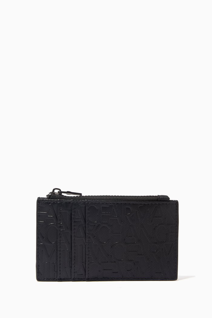 

AX Monogram Zip Card Holder in Faux Leather, Black