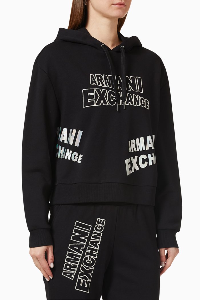 AX Password Print Logo Hoodie in Cotton, Black