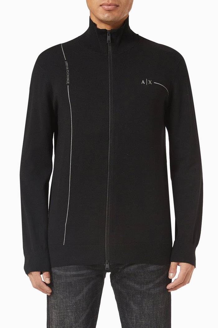 

Zip Cardigan in Cotton Knit, Black