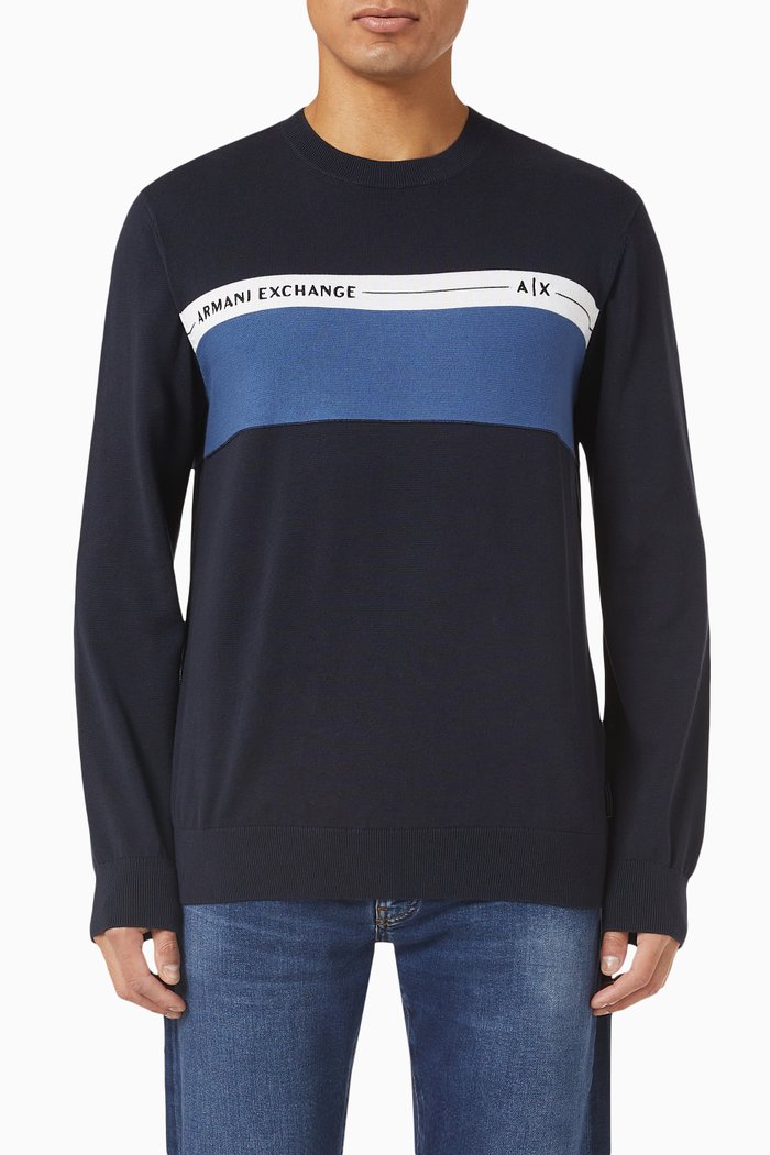 Logo Tape Sweater in Knit Cotton, Blue