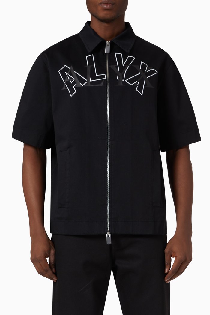 Logo Zip-up Shirt in Stretch Cotton, Black
