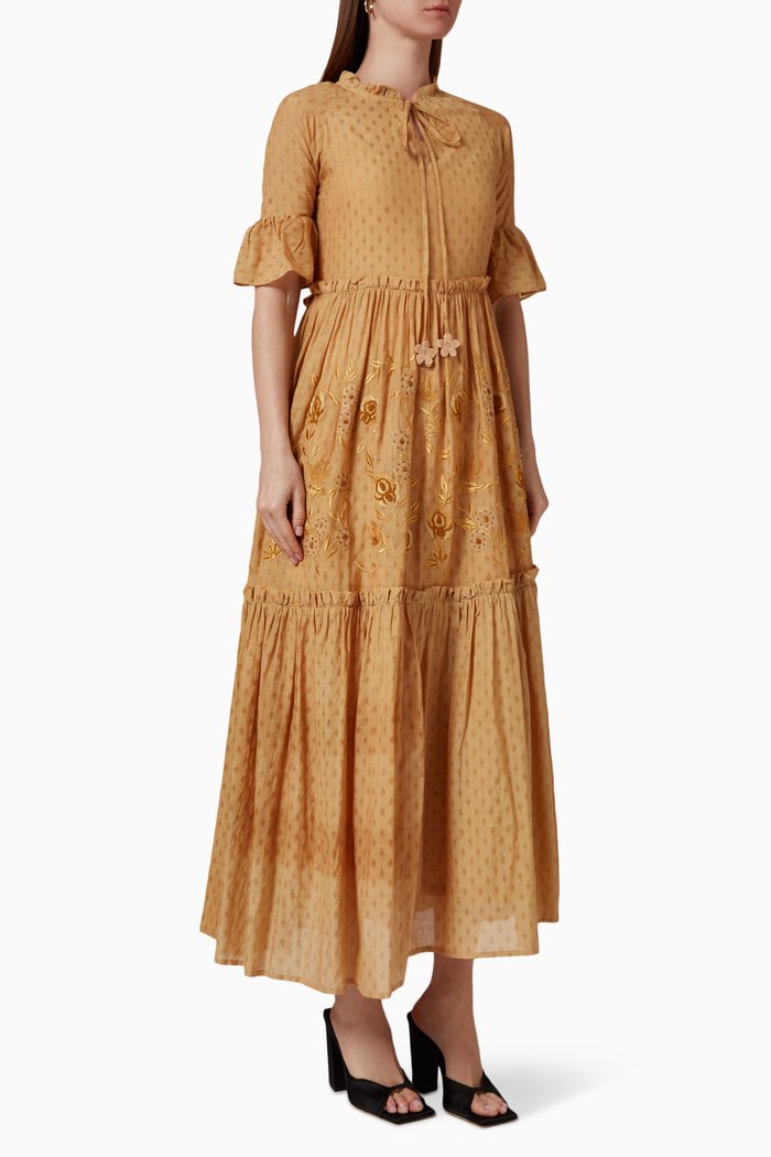 

Embroidered Midi Dress in Cotton Blend, Neutral