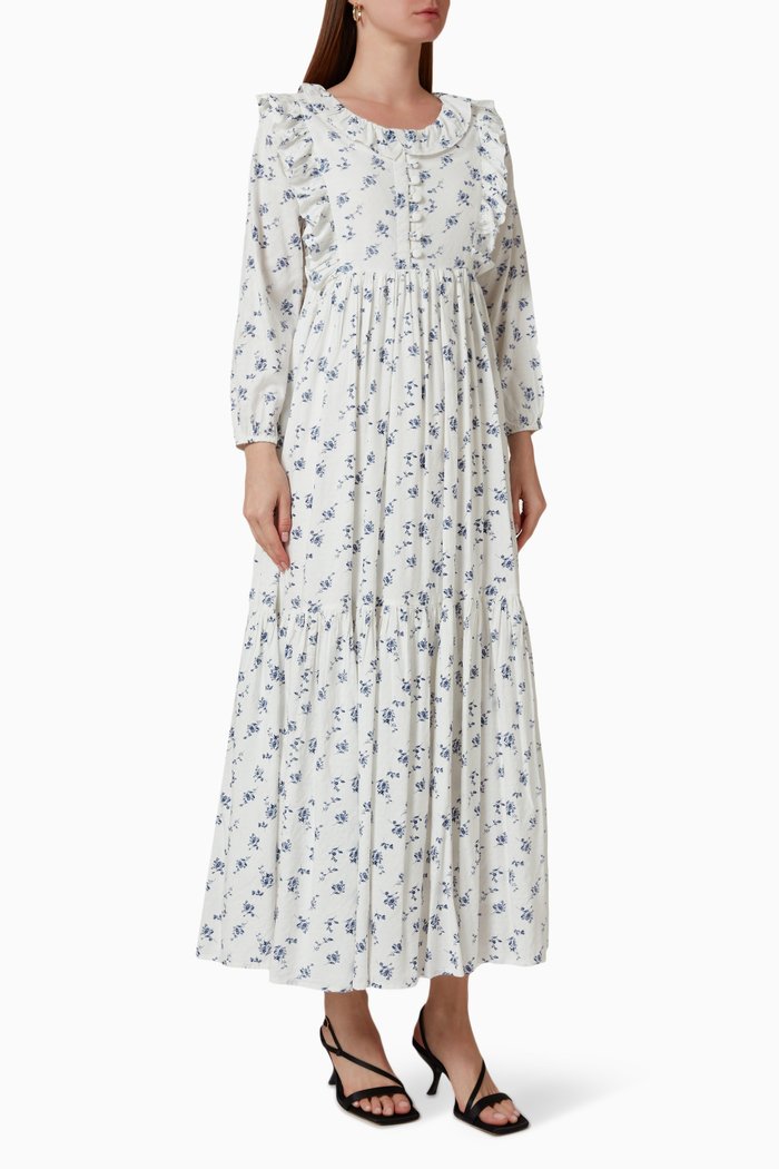

Floral Midi Dress in Cotton Blend, White