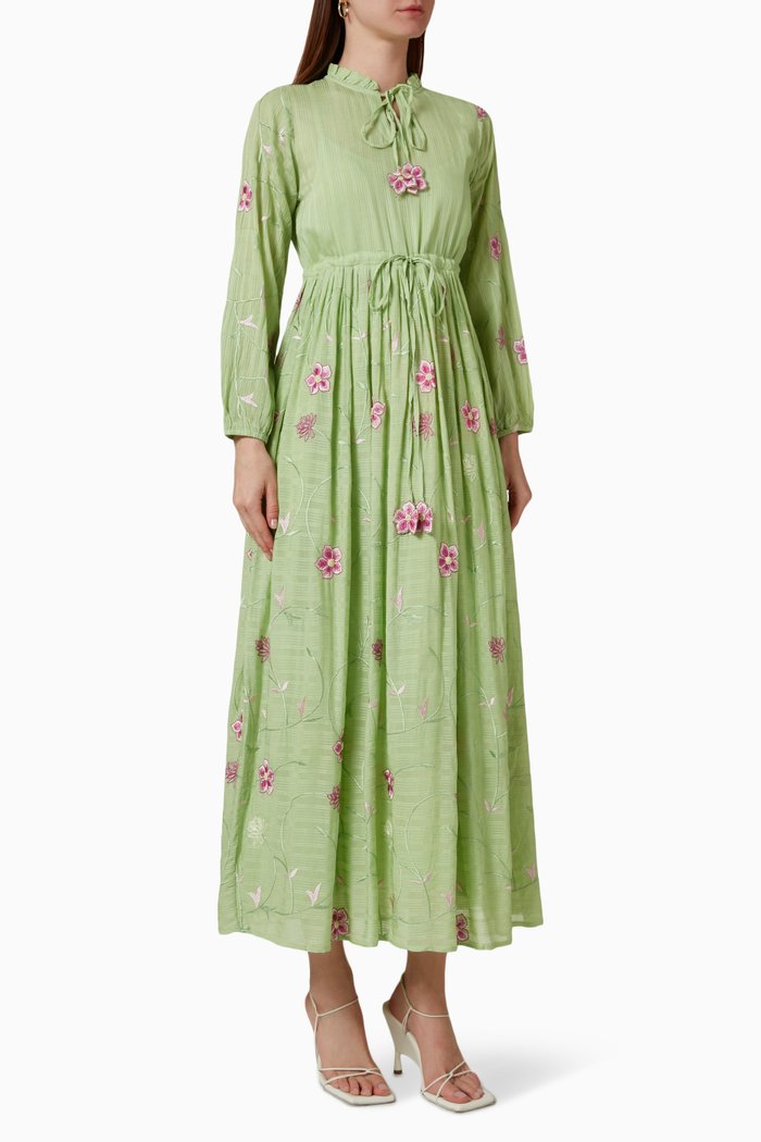 

Embroidered Midi Dress in Cotton Blend, Green