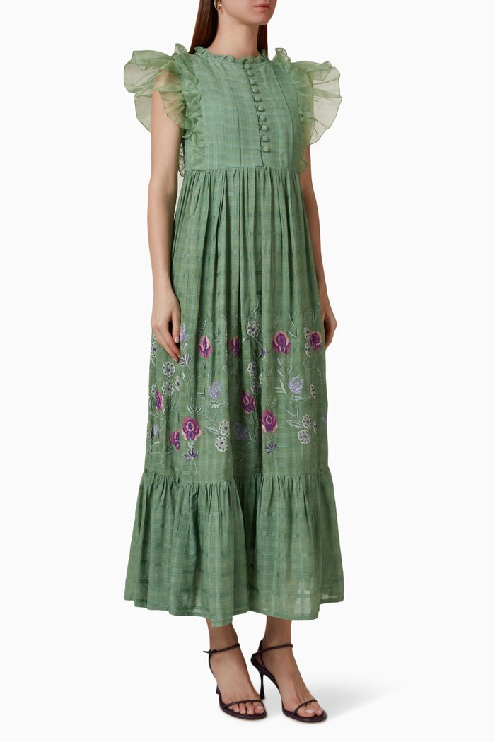 

Embroidered Midi Dress in Cotton Blend, Green