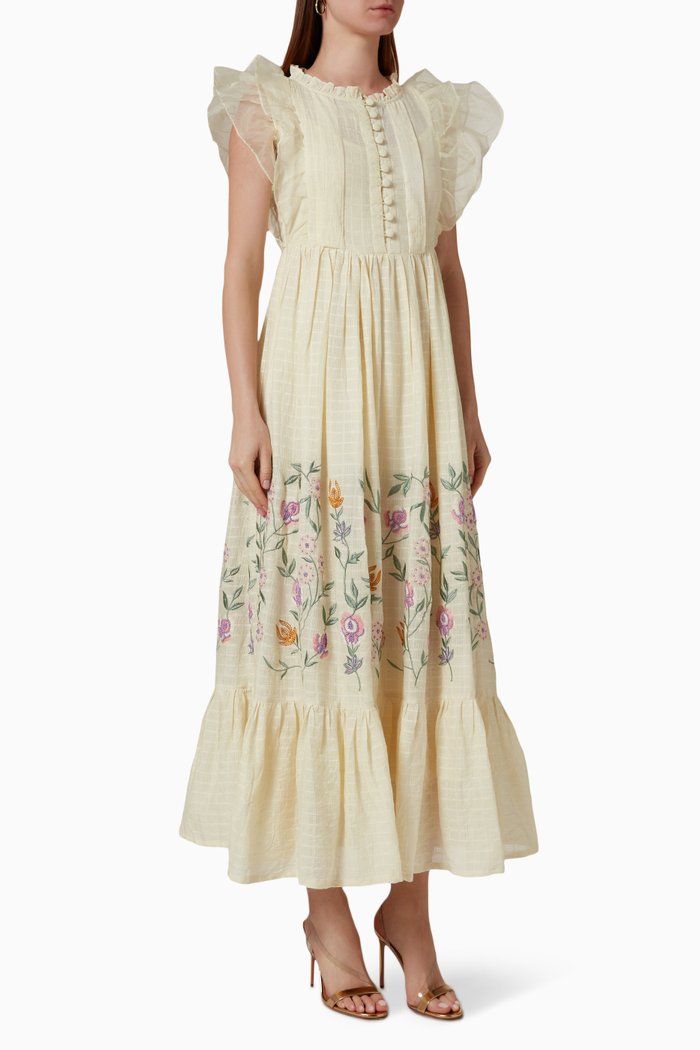 

Embroidered Midi Dress in Cotton Blend, Neutral