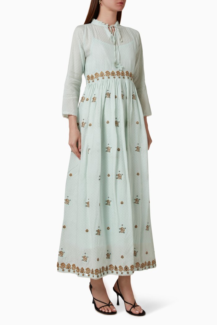 

Embroidered Midi Dress in Cotton Blend, Green