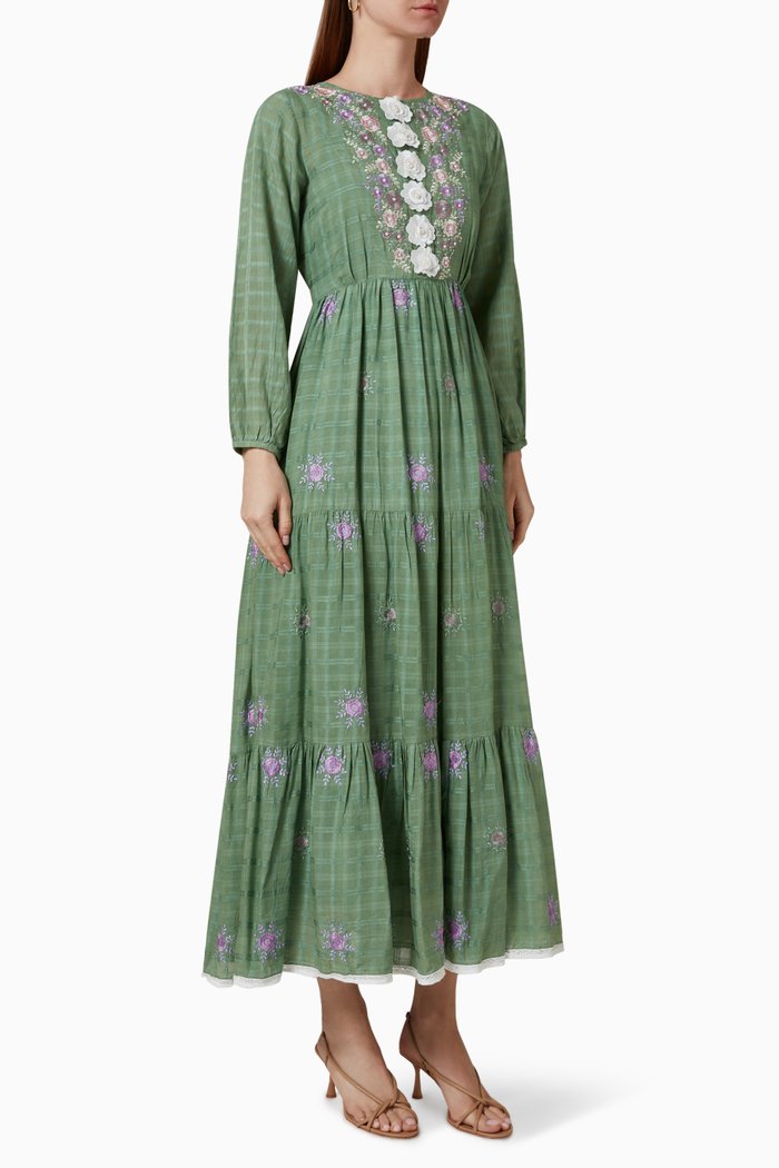 

Embroidered Midi Dress in Cotton Blend, Green