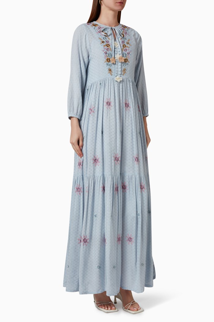 

Embroidered Maxi Dress in Cotton Blend, Grey