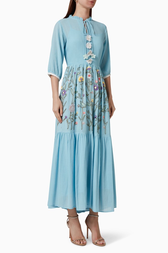 

Embroidered Maxi Dress in Cotton Blend, Blue