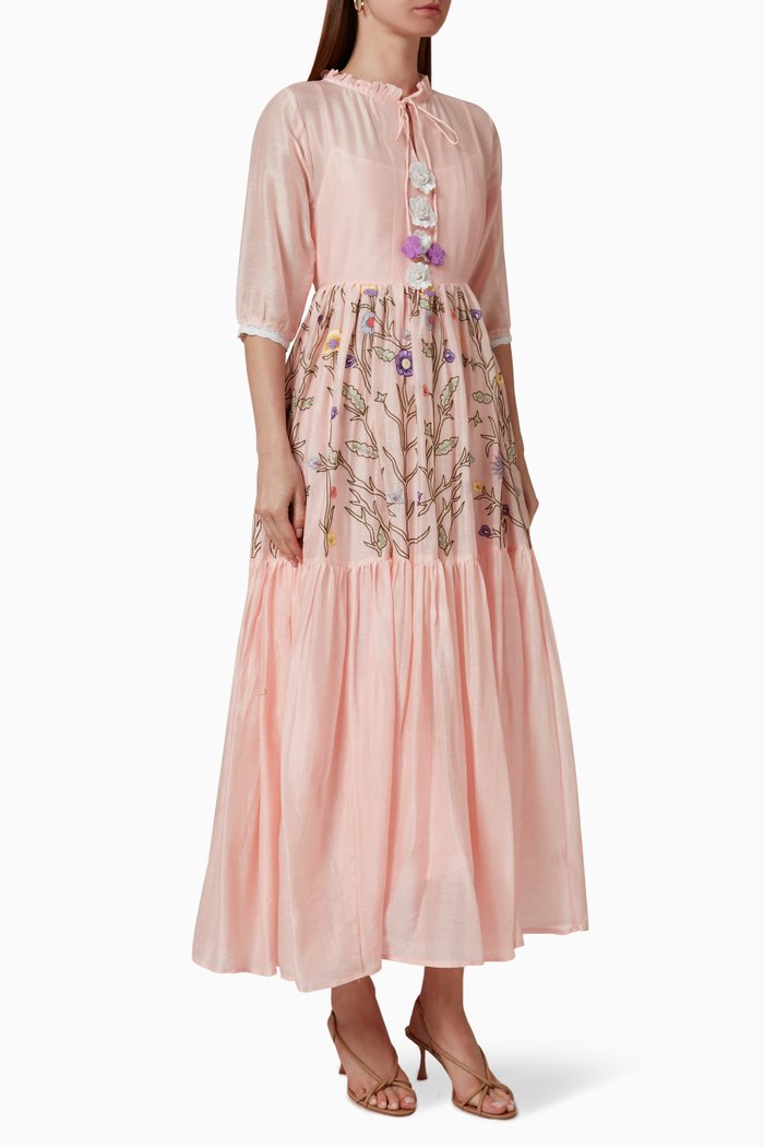 

Embroidered Maxi Dress in Cotton Blend, Pink