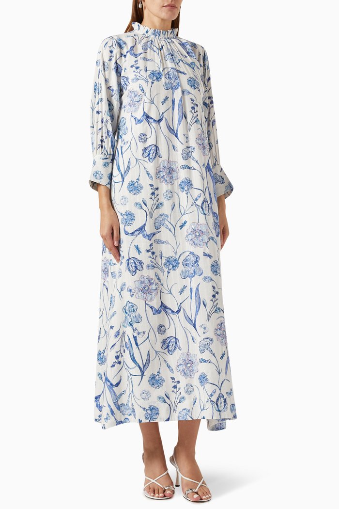 

Floral Midi Dress in Cotton Blend, Blue