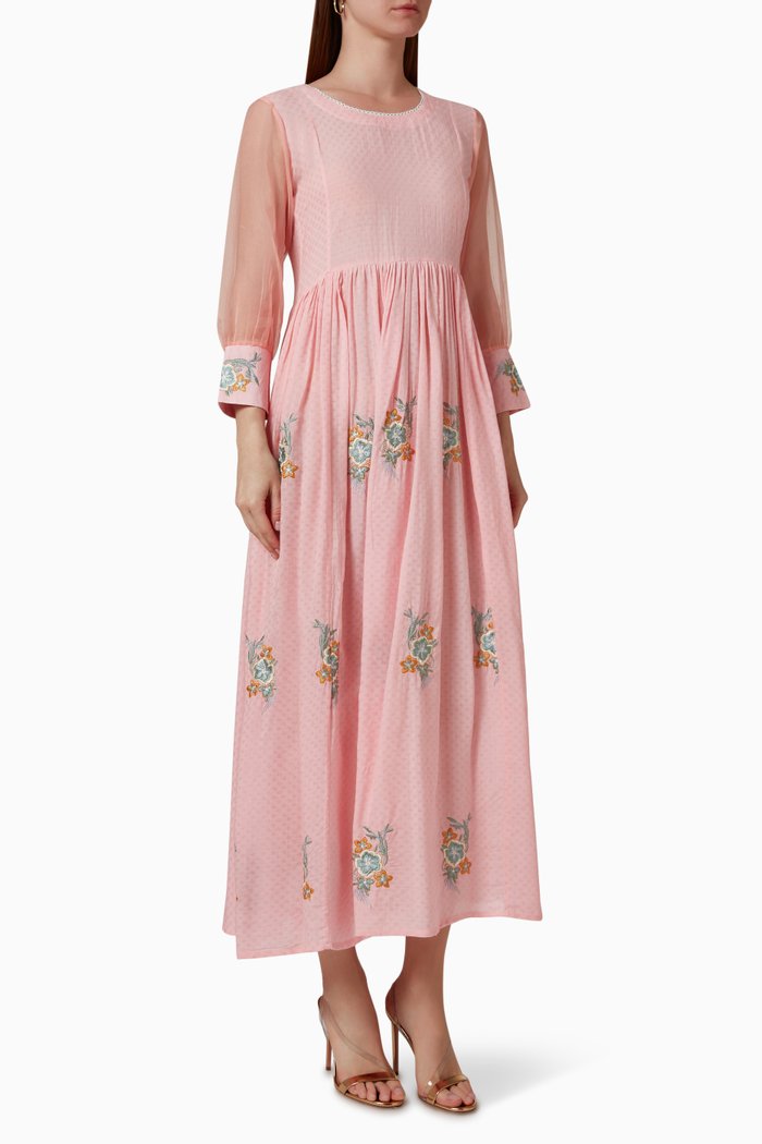 Embroidered Midi Dress in Cotton Blend, Pink