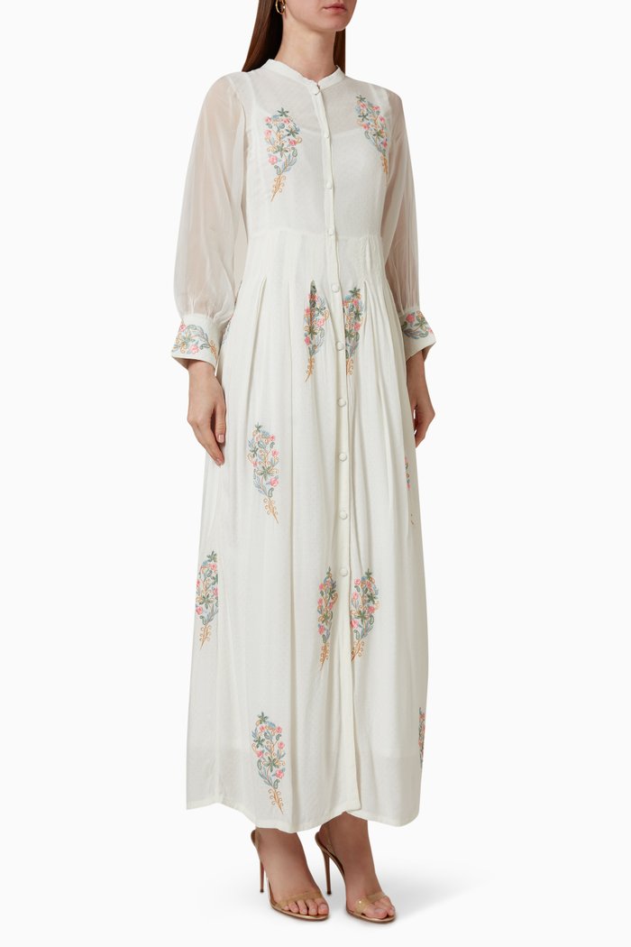 Embroidered Maxi Dress in Cotton Blend, Neutral