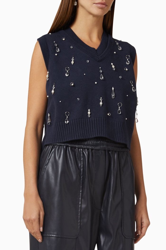 

Drip Embroidered V-neck Sweater in Chunky Cotton, Black
