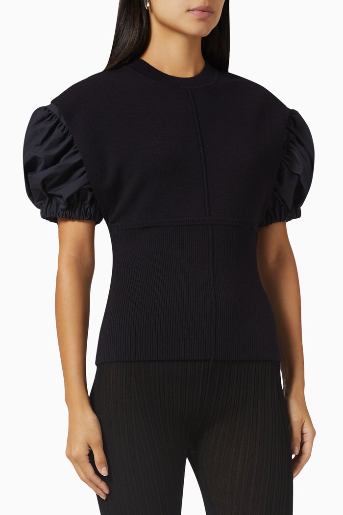 

Puffed-sleeve Top in RIbbed Wool, Black