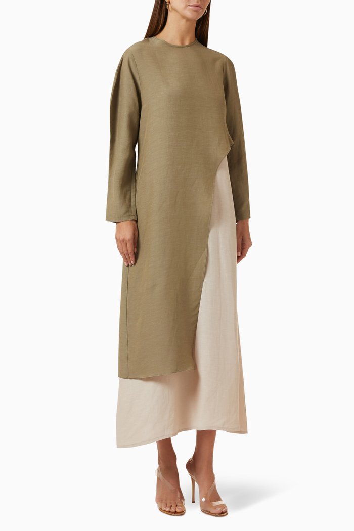 

Two-tone Maxi Dress in Linen Blend, Green