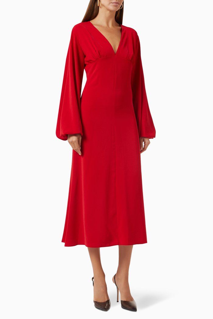 

Ruched Midi Dress in Crepe, Red