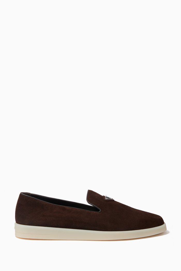 Triangle Logo Slippers in Suede Leather, Brown