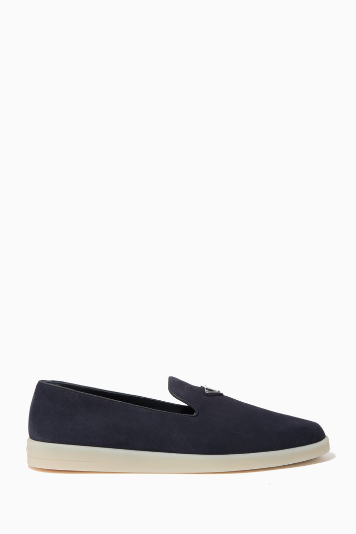 Triangle Logo Slippers in Suede Leather, Blue
