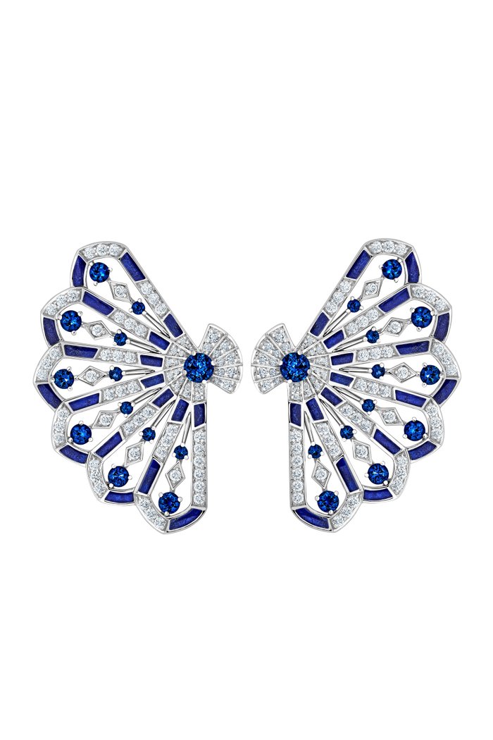 Fanfare Symphony Diamond & Sapphire Earrings in 18kt White Gold, Blue