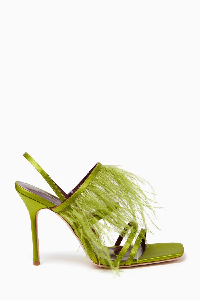 

Anise Feather-trim 100 Slingback Sandals in Satin, Green