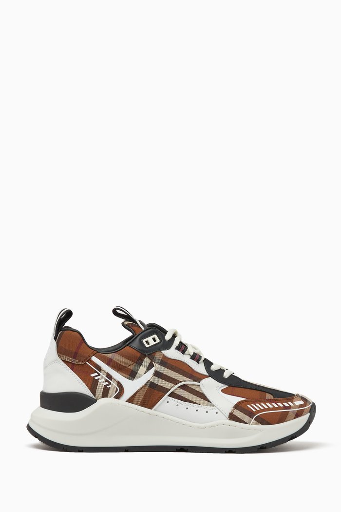 

Vintage Check Sneakers in Leather & Cotton, Brown