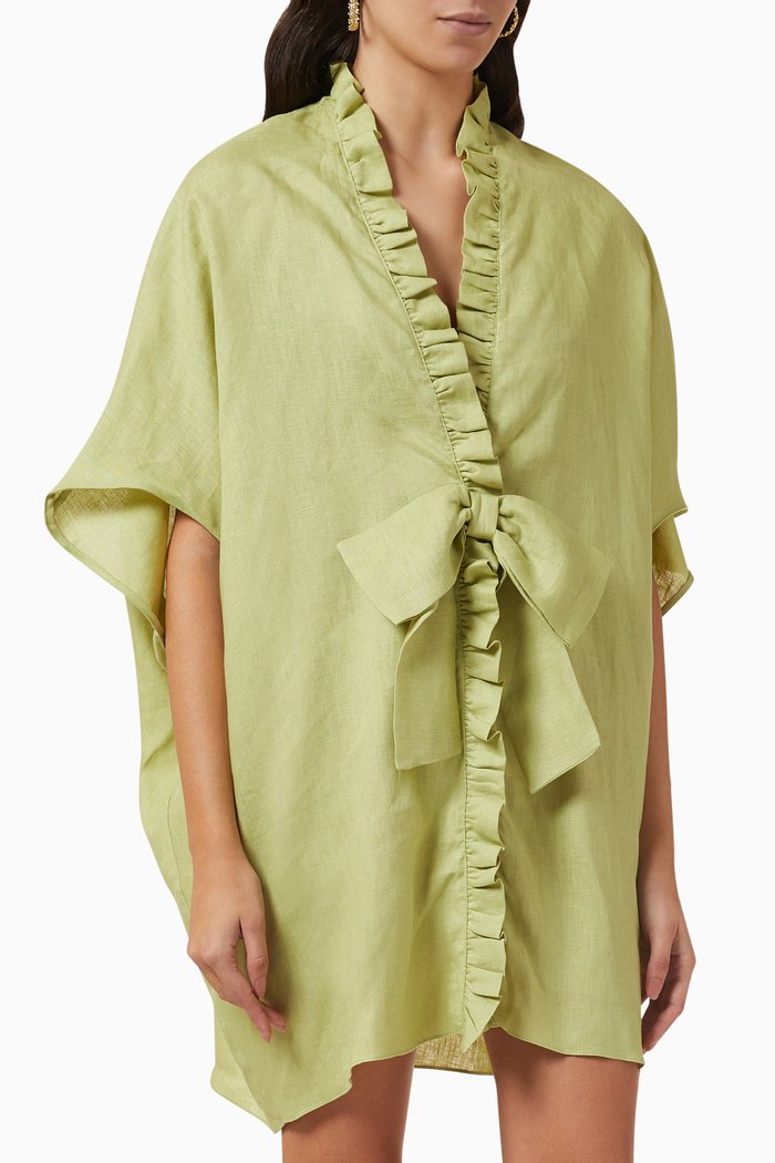 

Fantasy Frilled Mini Robe in Linen, Green