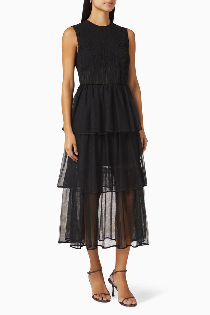 

Benton Midi Dress in Tulle Plissé, Black