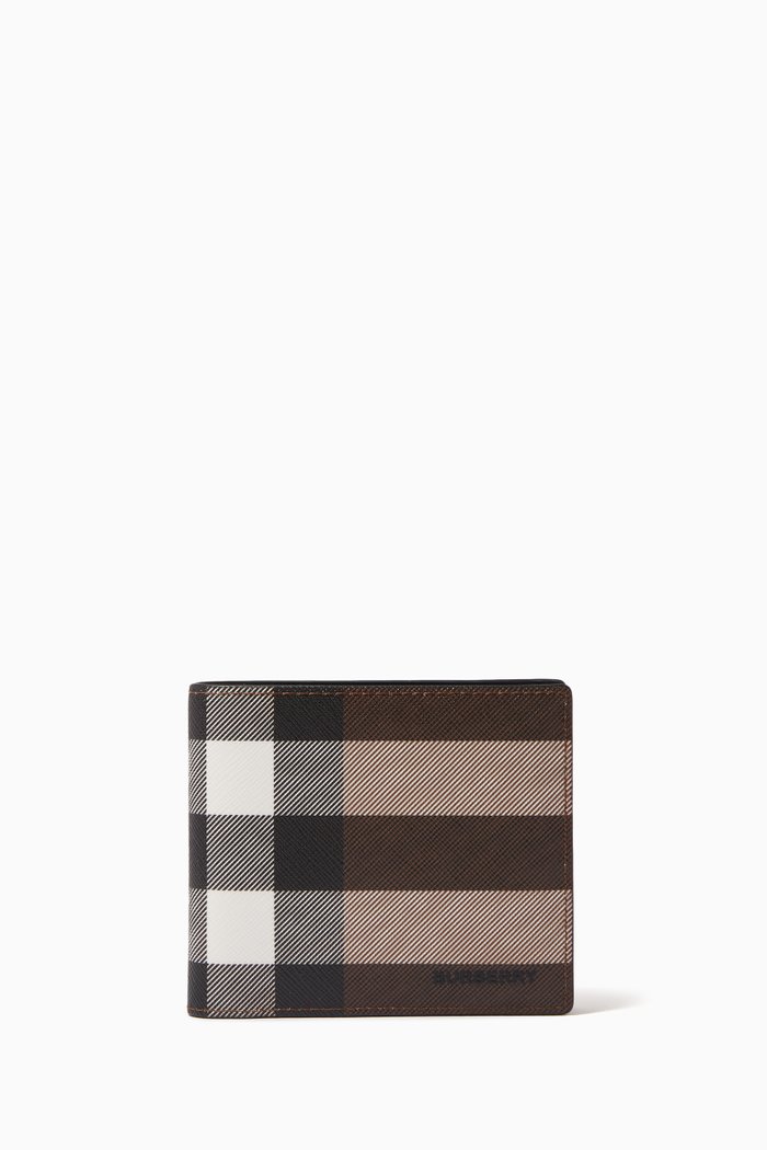 

Bifold Wallet in Exaggerated Check E-canvas & Leather, Brown