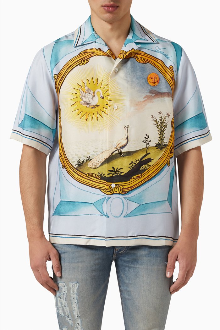 

Graphic Print Bowling Shirt in Silk, Multicolour