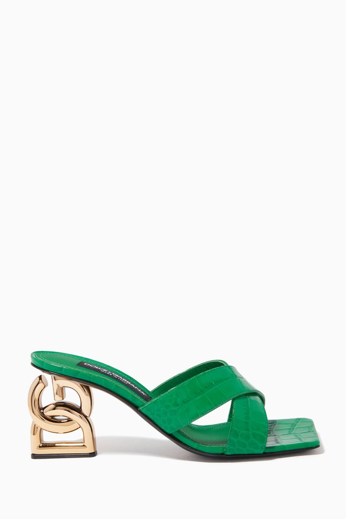 

DG Pop-heel 75 Mules in Croc-embossed Leather, Green