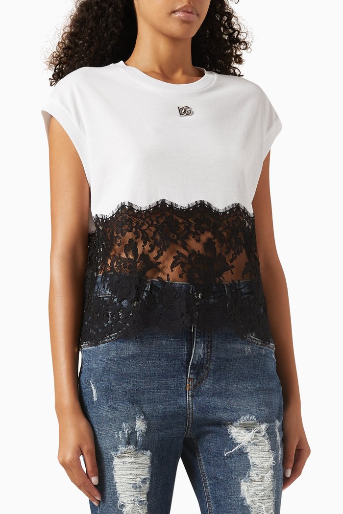 Lace-trimmed T-shirt in Cotton-blend Jersey, White