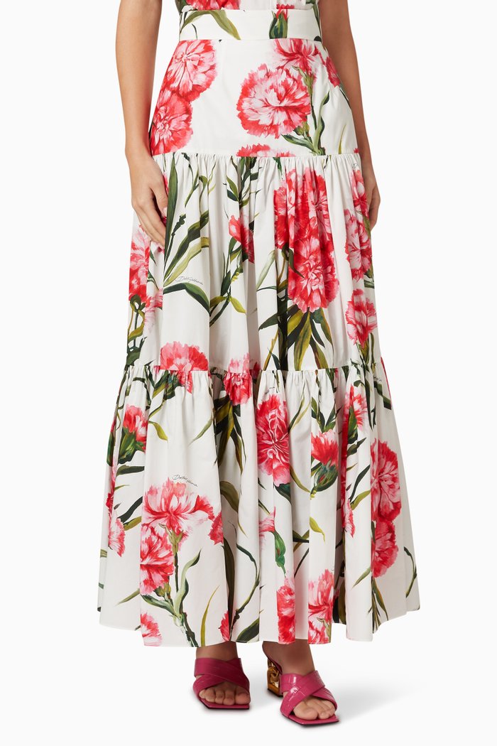 

Long Skirt in Carnation-print Cotton Poplin, Multicolour