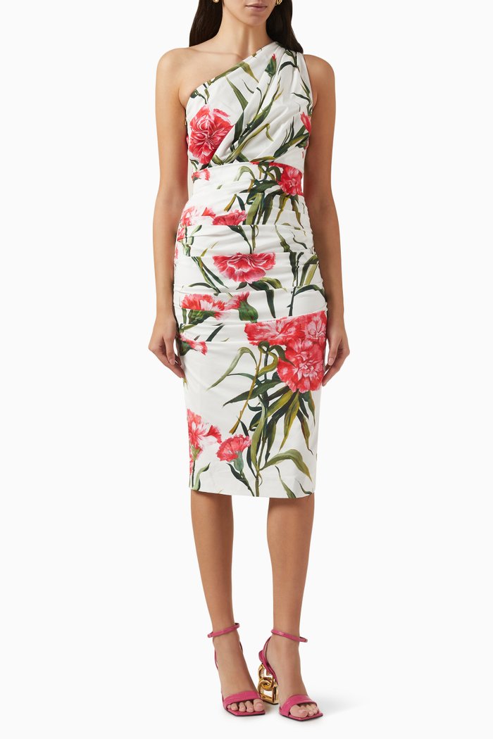 

Carnation-print One-shoulder Midi Dress in Cotton-poplin, Multicolour