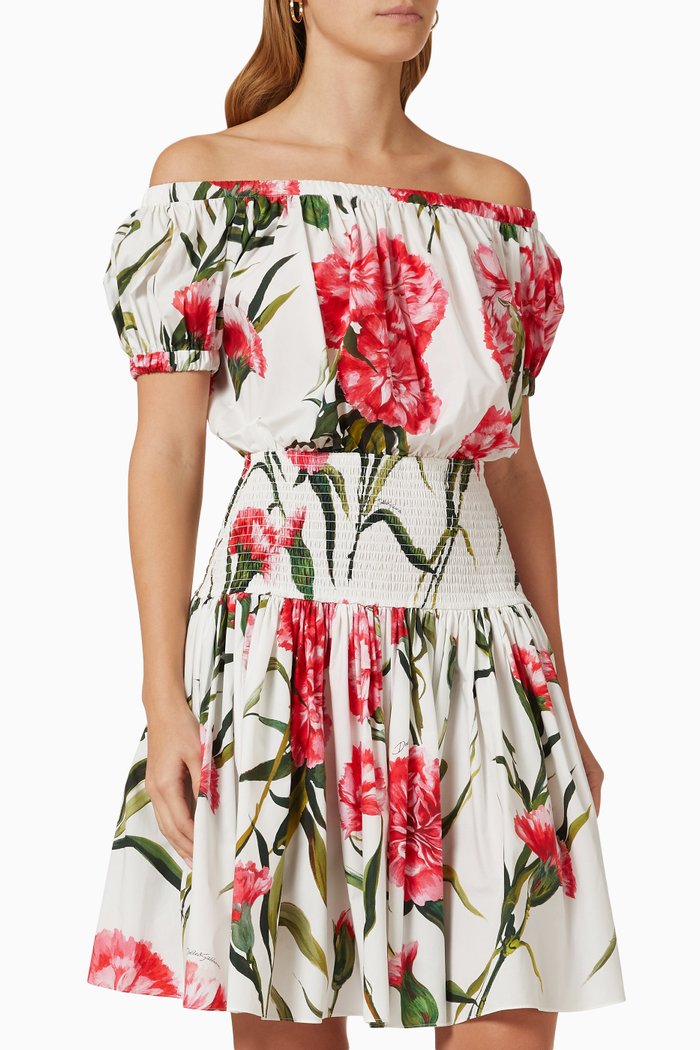 Dress in Carnation-print Cotton, Multicolour