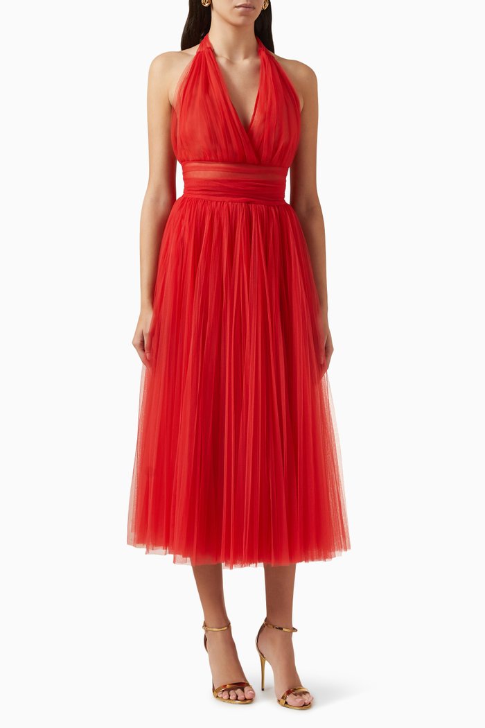 

Sunray Pleated Halterneck Midi Dress in Tulle, Red