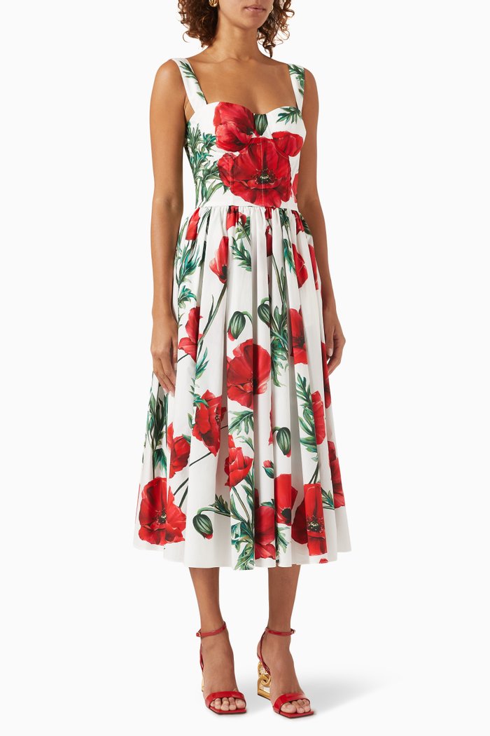 

Poppy-print Midi Dress in Cotton-poplin, Multicolour