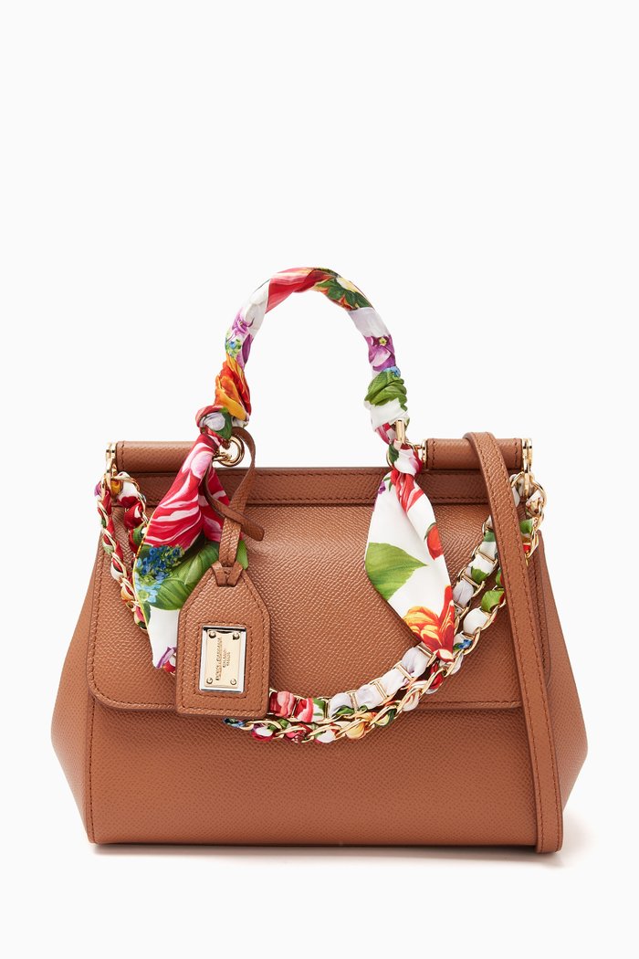 

Small Sicily Top Handle Bag with Scarf & Chain in Dauphine Leather, Brown