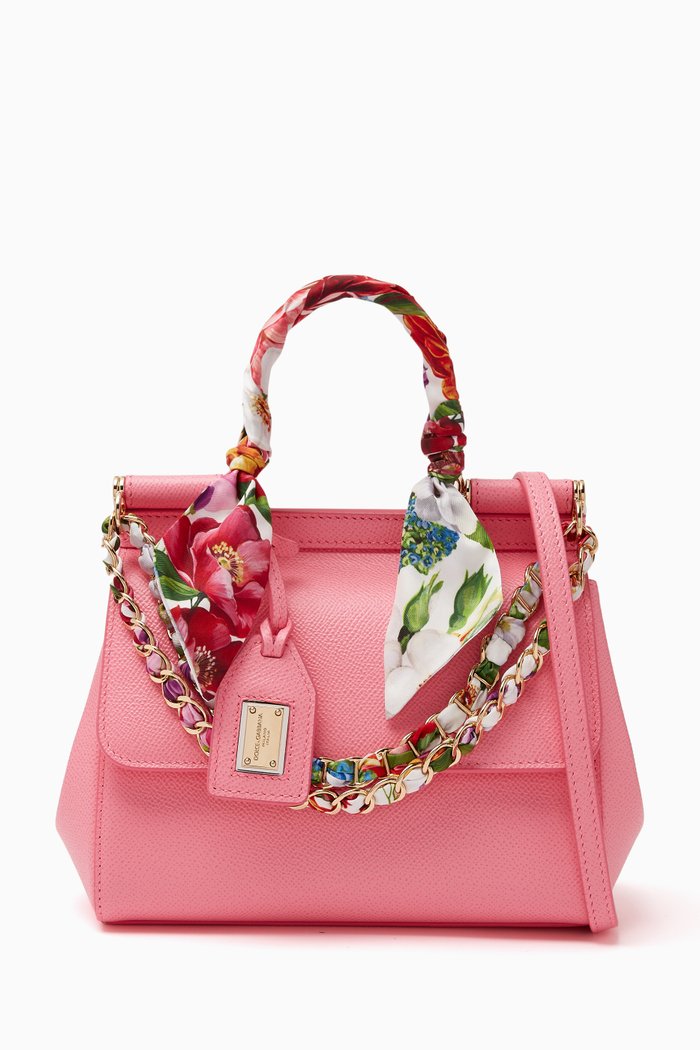 

Small Sicily Top Handle Bag with Scarf & Chain in Dauphine Leather, Pink