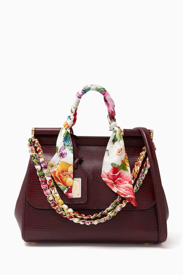 

Small Sicily Top Handle Bag with Scarf & Chain in Dauphine Leather, Red