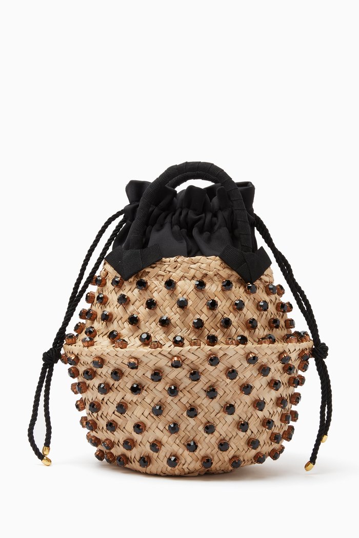 

Nina Small Opal-Crystal Studded Bucket Bag in Woven Straw, Neutral