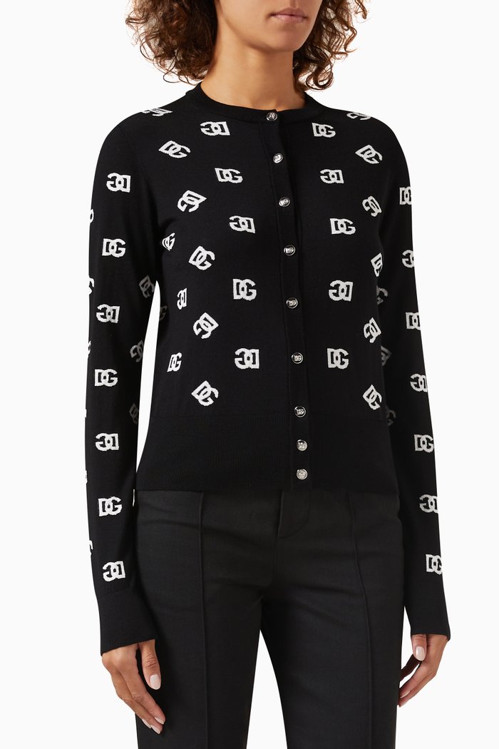 DG Logo Cardigan in Silk and Wool, Black