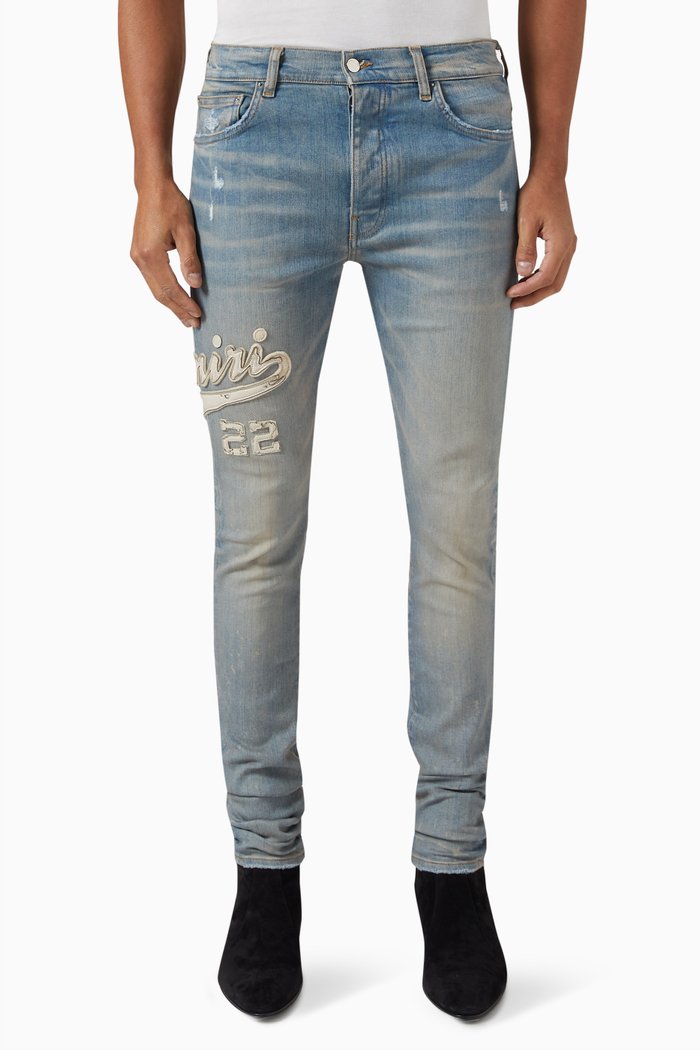 Varsity Appliqué Logo Jeans in Denim, Blue