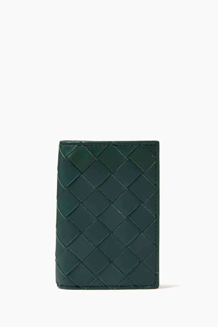 Bi-fold Card Case in Intrecciato Calfskin, Green