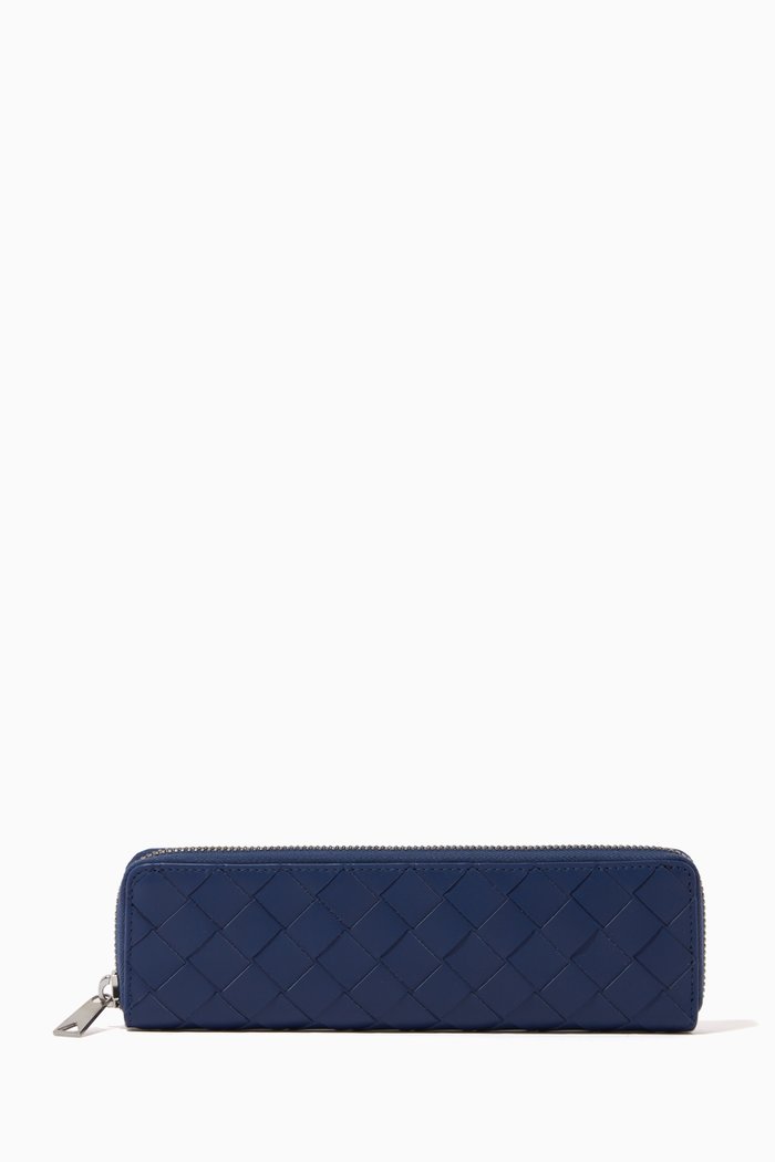

Slim Pencil in Intrecciato Leather, Blue